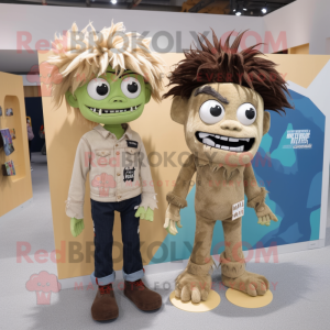 Tan Frankenstein'S Monster mascot costume character dressed with a Boyfriend Jeans and Hair clips
