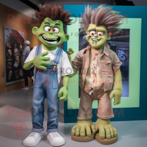 Tan Frankenstein'S Monster mascot costume character dressed with a Boyfriend Jeans and Hair clips