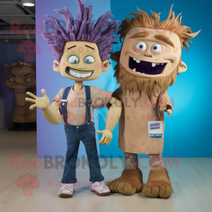 Tan Frankenstein'S Monster mascot costume character dressed with a Boyfriend Jeans and Hair clips