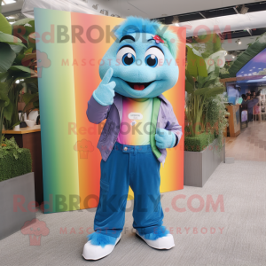 Cyan Rainbow mascot costume character dressed with a Boyfriend Jeans and Tie pins