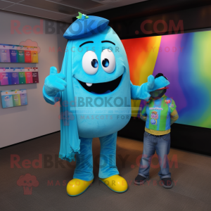 Cyan Rainbow mascot costume character dressed with a Boyfriend Jeans and Tie pins