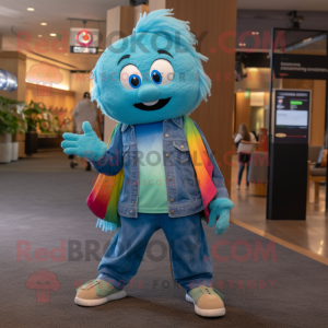 Cyan Rainbow mascot costume character dressed with a Boyfriend Jeans and Tie pins
