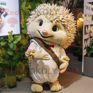 Cream Hedgehog mascot costume character dressed with a Playsuit and Brooches