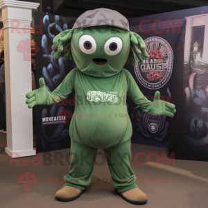 Olive Medusa mascot costume character dressed with a Henley Shirt and Beanies