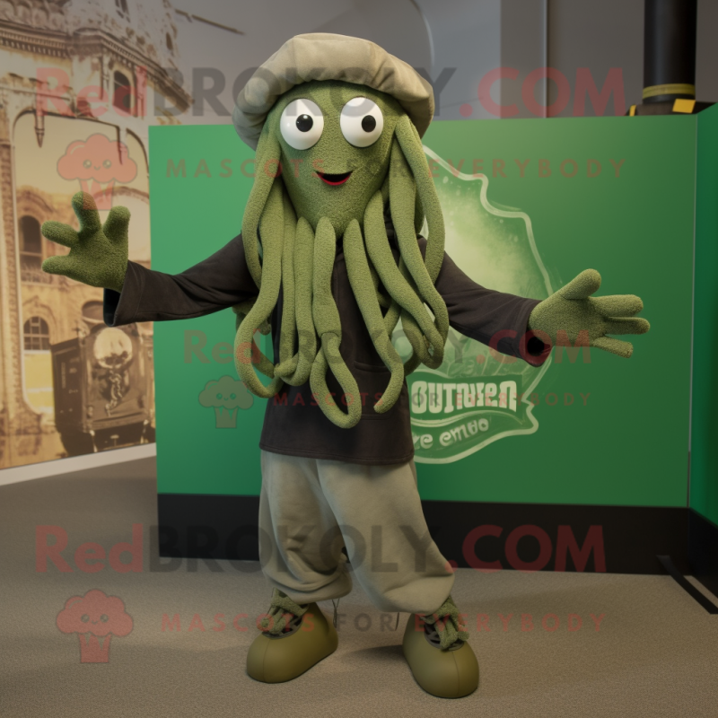 Olive Medusa mascot costume character dressed with a Henley Shirt and Beanies Olive Medusa mascot costume character dressed with a Henley Shirt and Beanies