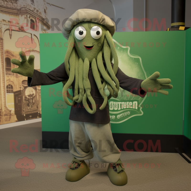 Olive Medusa mascot costume character dressed with a Henley Shirt and Beanies