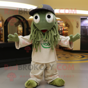 Olive Medusa mascot costume character dressed with a Henley Shirt and Beanies