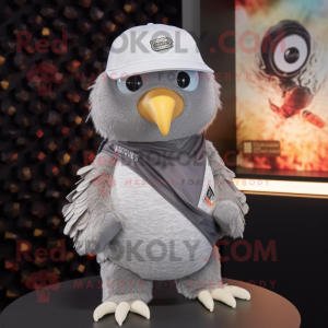 Silver Quail mascot costume character dressed with a T-Shirt and Beanies
