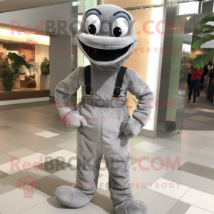 Gray Snake mascot costume character dressed with a Dungarees and Cummerbunds