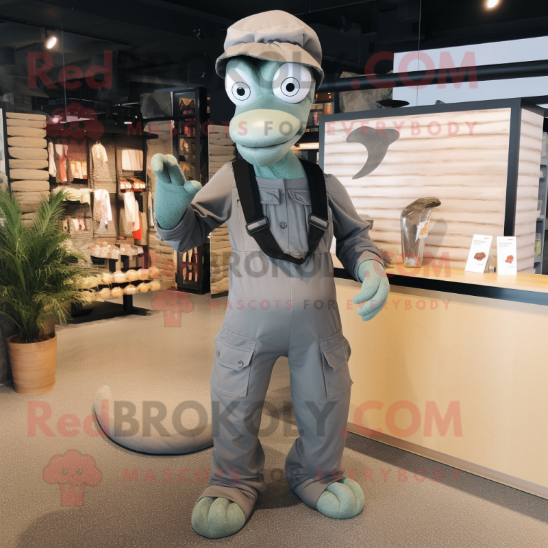 Gray Snake mascot costume character dressed with a Dungarees and Cummerbunds