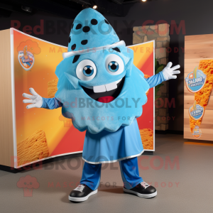 Sky Blue Nachos mascot costume character dressed with a Polo Tee and Rings