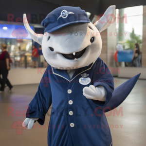 Navy Manta Ray mascot costume character dressed with a Button-Up Shirt and Brooches