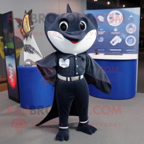 Navy Manta Ray mascot costume character dressed with a Button-Up Shirt and Brooches