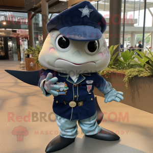 Navy Manta Ray mascot costume character dressed with a Button-Up Shirt and Brooches