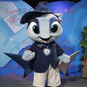 Navy Manta Ray mascot costume character dressed with a Button-Up Shirt and Brooches