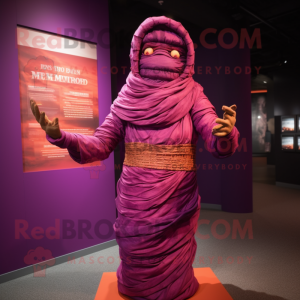 Magenta Mummy mascot costume character dressed with a Empire Waist Dress and Scarves