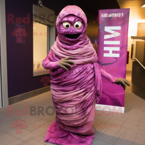 Magenta Mummy mascot costume character dressed with a Empire Waist Dress and Scarves
