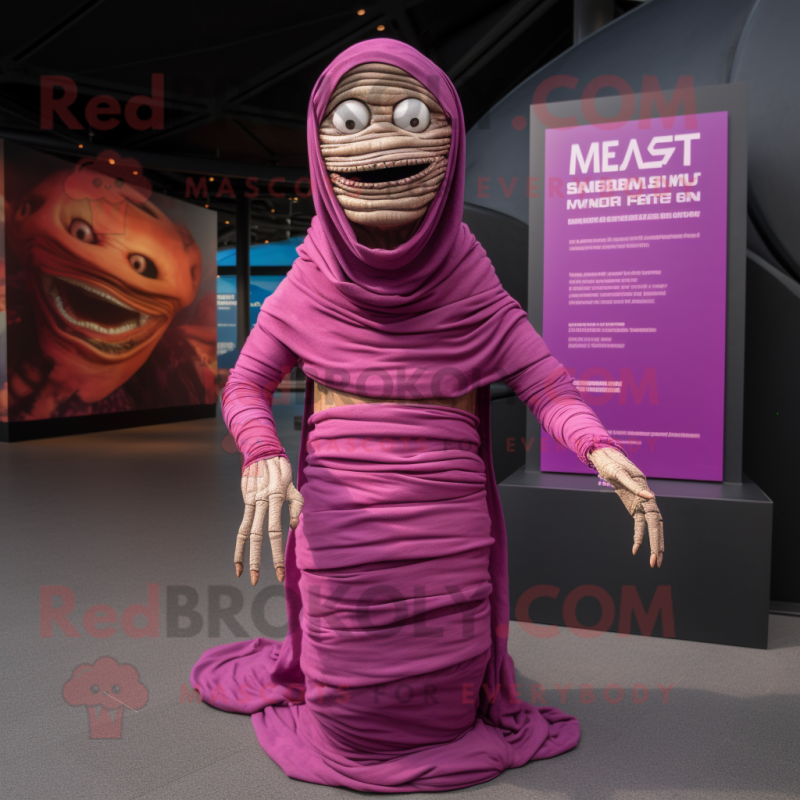 Magenta Mummy mascot costume character dressed with a Empire Waist Dress and Scarves