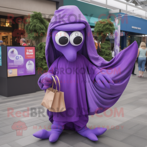 Purple Squid mascot costume character dressed with a Cover-up and Tote bags
