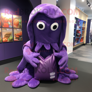 Purple Squid mascot costume character dressed with a Cover-up and Tote bags