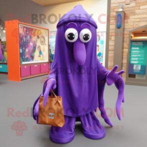 Purple Squid mascot costume character dressed with a Cover-up and Tote bags