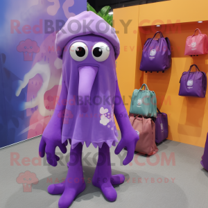 Purple Squid mascot costume character dressed with a Cover-up and Tote bags