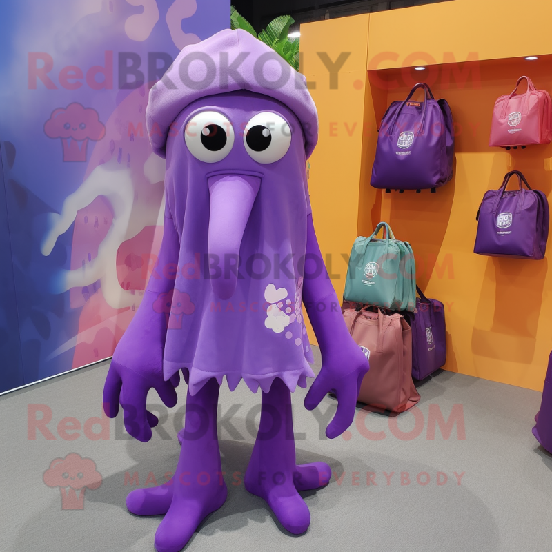 Purple Squid mascot costume character dressed with a Cover-up and Tote bags Purple Squid mascot costume character dressed with a Cover-up and Tote bags