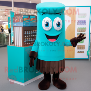 Turquoise Chocolate Bar mascot costume character dressed with a Pencil Skirt and Beanies