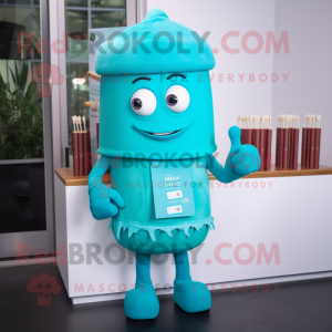 Turquoise Chocolate Bar mascot costume character dressed with a Pencil Skirt and Beanies