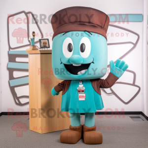 Turquoise Chocolate Bar mascot costume character dressed with a Pencil Skirt and Beanies