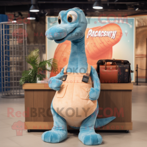 Peach Brachiosaurus mascot costume character dressed with a Denim Shirt and Clutch bags