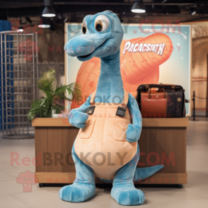 Peach Brachiosaurus mascot costume character dressed with a Denim Shirt and Clutch bags