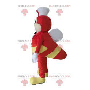 Żółty i czerwony owad mucha maskotka z kapeluszem szefa kuchni