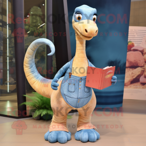 Peach Brachiosaurus mascot costume character dressed with a Denim Shirt and Clutch bags