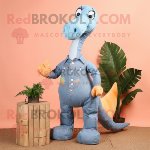 Peach Brachiosaurus mascot costume character dressed with a Denim Shirt and Clutch bags