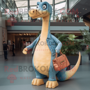 Peach Brachiosaurus mascot costume character dressed with a Denim Shirt and Clutch bags