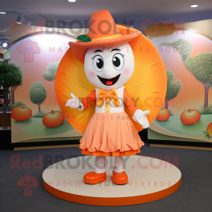 Peach Plate Spinner mascot costume character dressed with a Coat and Shoe clips