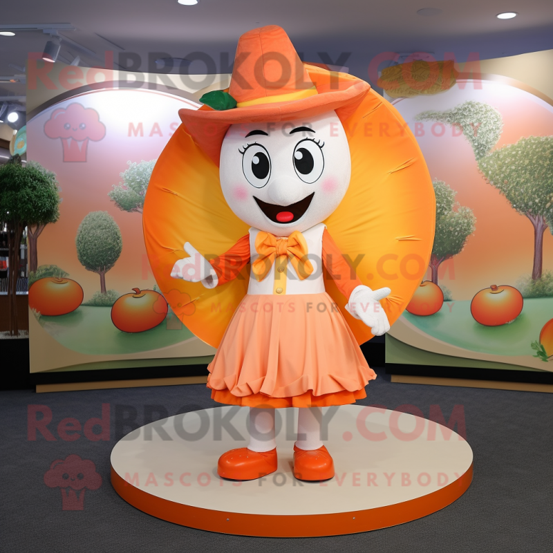 Peach Plate Spinner mascot costume character dressed with a Coat and Shoe clips Peach Plate Spinner mascot costume character dressed with a Coat and Shoe clips