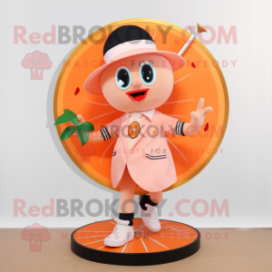 Peach Plate Spinner mascot costume character dressed with a Coat and Shoe clips