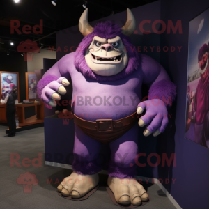 Purple Ogre mascot costume character dressed with a Rash Guard and Tie pins