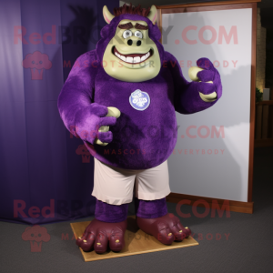 Purple Ogre mascot costume character dressed with a Rash Guard and Tie pins