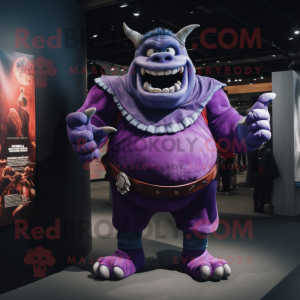 Purple Ogre mascot costume character dressed with a Rash Guard and Tie pins