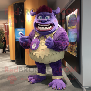 Purple Ogre mascot costume character dressed with a Rash Guard and Tie pins
