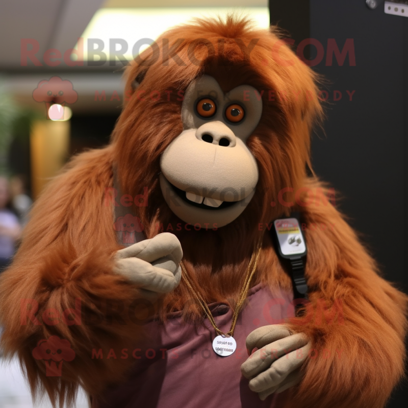 Brown Orangutan mascot costume character dressed with a Vest and Bracelet watches Brown Orangutan mascot costume character dressed with a Vest and Bracelet watches