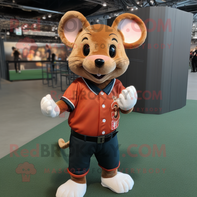 Rust Mouse mascot costume character dressed with a Baseball Tee and Lapel pins