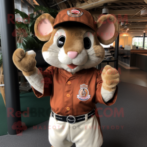 Rust Mouse mascot costume character dressed with a Baseball Tee and Lapel pins