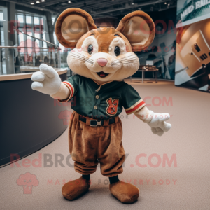 Rust Mouse mascot costume character dressed with a Baseball Tee and Lapel pins