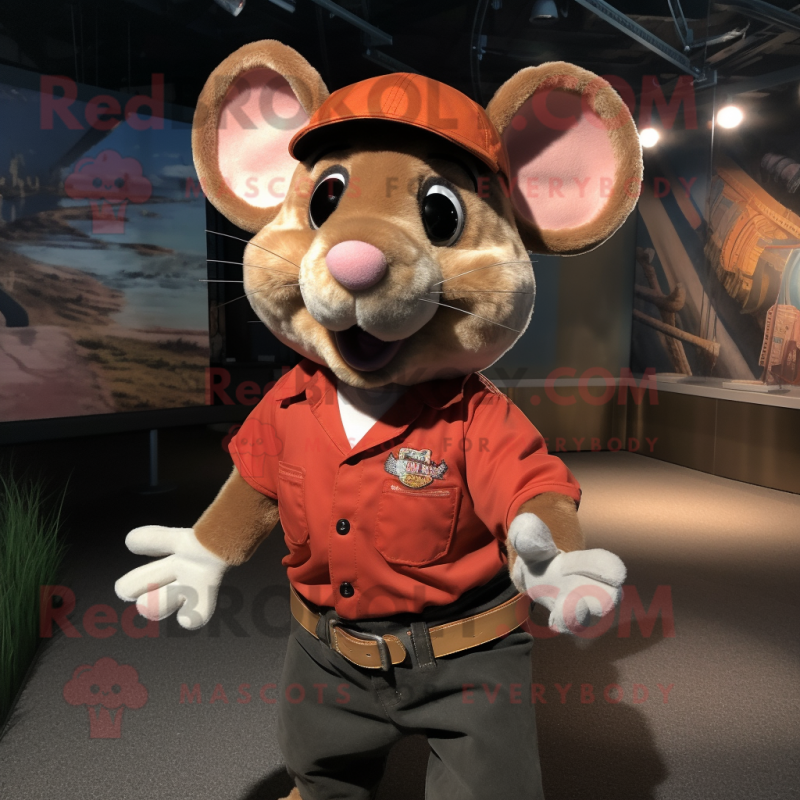 Rust Mouse mascot costume character dressed with a Baseball Tee and Lapel pins