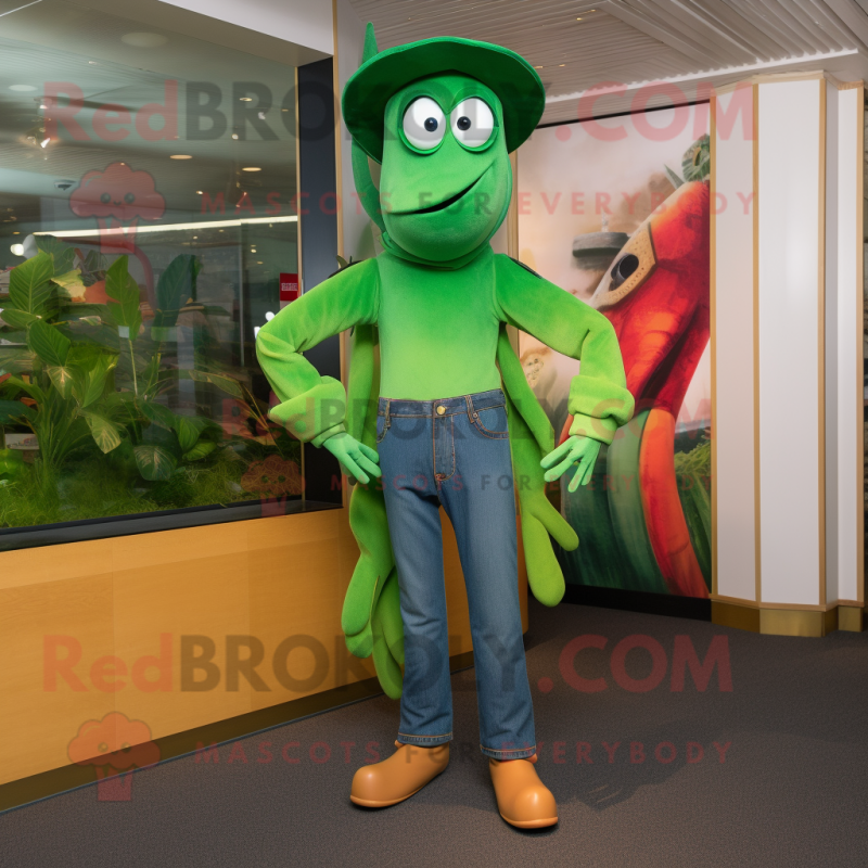 Green Shrimp Scampi mascot costume character dressed with a Bootcut Jeans and Cummerbunds Green Shrimp Scampi mascot costume character dressed with a Bootcut Jeans and Cummerbunds