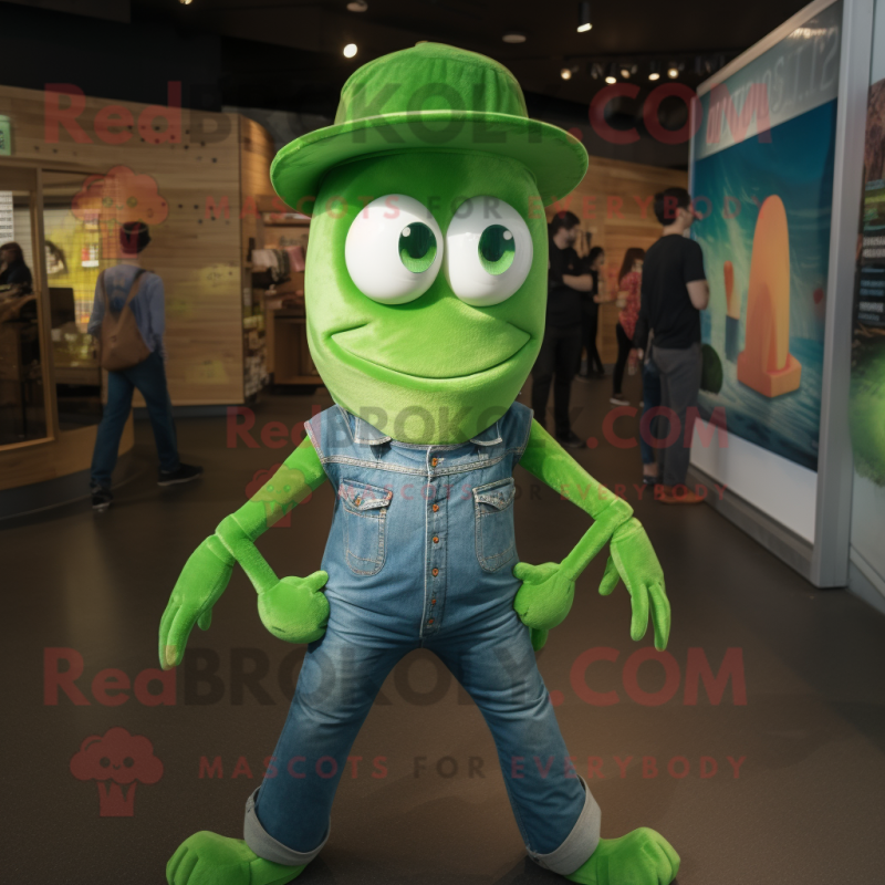 Green Shrimp Scampi mascot costume character dressed with a Bootcut Jeans and Cummerbunds Green Shrimp Scampi mascot costume character dressed with a Bootcut Jeans and Cummerbunds